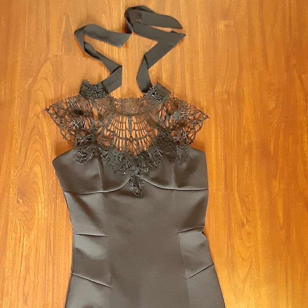 Black Cap-Sleeve Cocktail Dress W/ Lace Detail